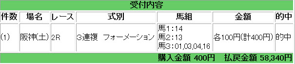 0331　阪神2R 400円 538倍
